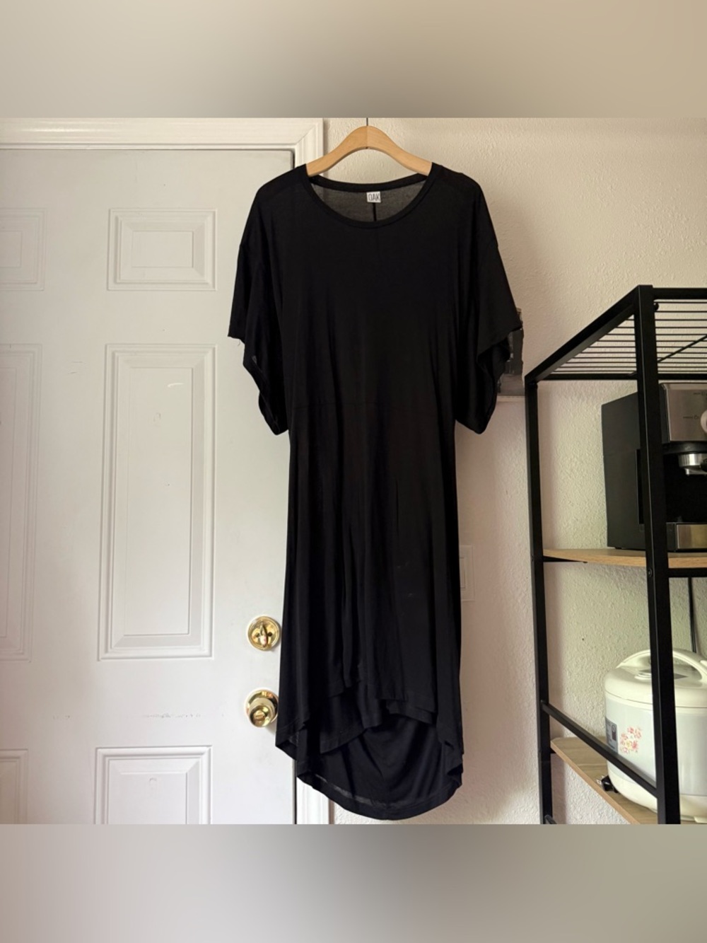 OAK NYC black kimono short sleeve knit crew draped back tee t-shirt midi dress